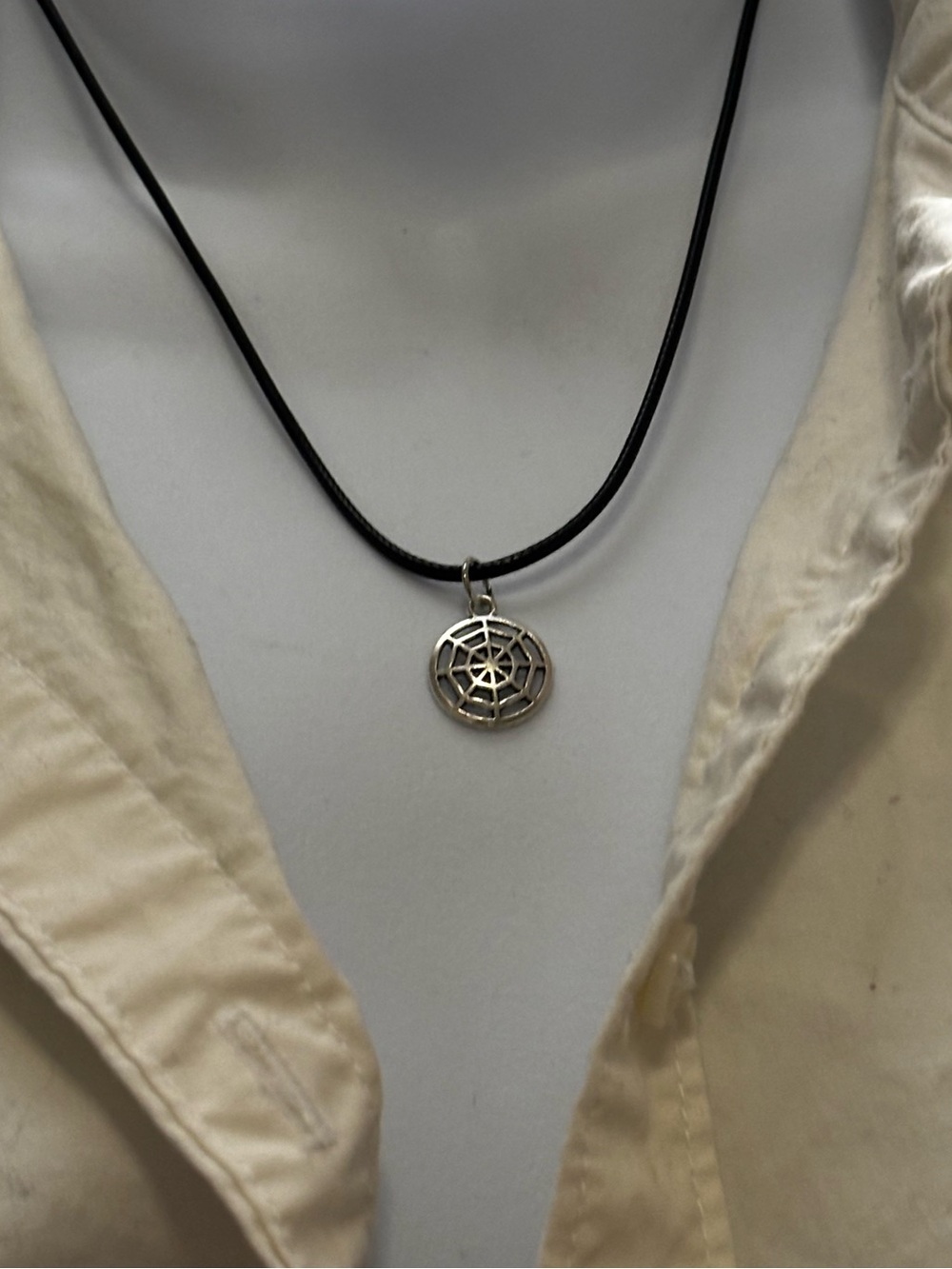 Silver Spiderweb Pendant on Black Leather Cord Necklace